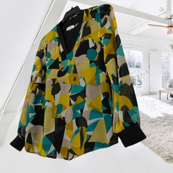 Calvin Klein Abstract Geometric Print Blouse V-Neck Long Sleeve Top Small - Picture 5 of 10